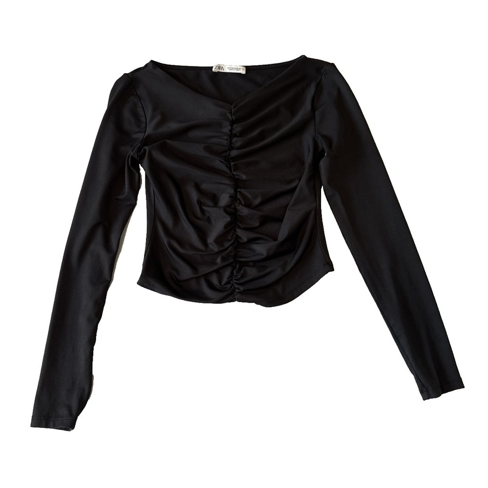 Zara Black Ruched Long Sleeve Crop Top Blouse S Y2K Going Out Festival Sexy